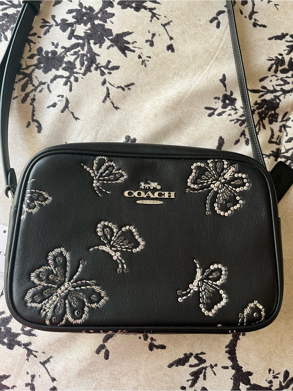 Coach Black Leather Crossbody with Crystal Butterfly Embellishments